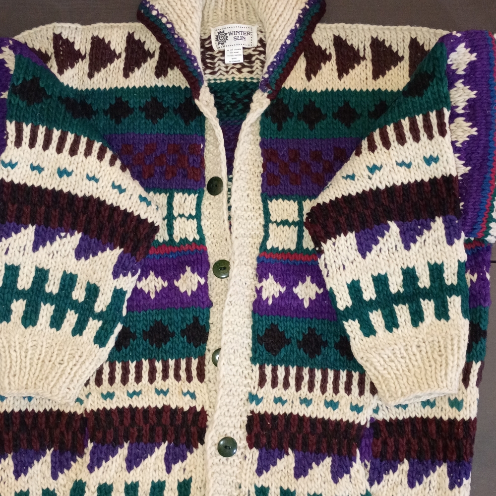 Vintage Hand Knit Curling/Ski Cardigan w/ Geometric Patterns. Fully Restored!!